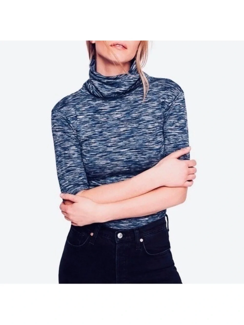 Free People Blue Space-Dye Turtleneck Short-Sleeve Knit S NWT